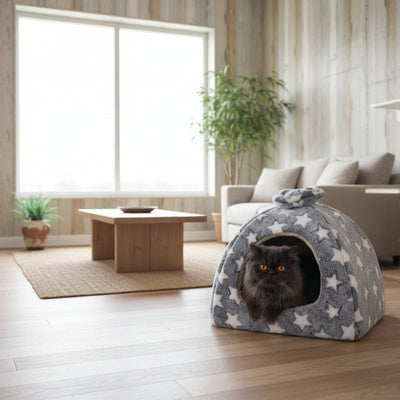 maison pour chat grise avec etoiles blanches