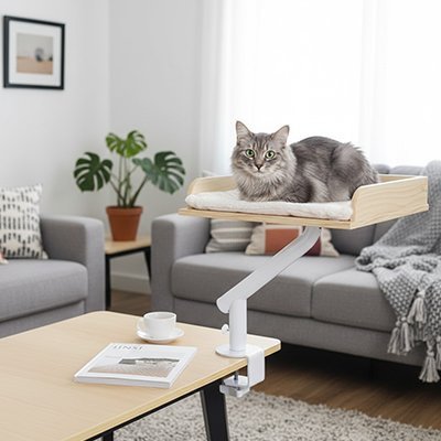 lit de bureau chat bois naturel chat installe table salon