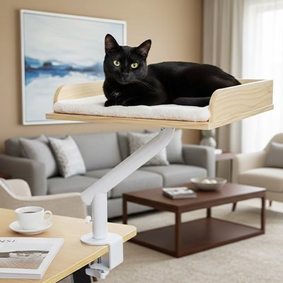 lit de bureau chat bois naturel chat regard attentif