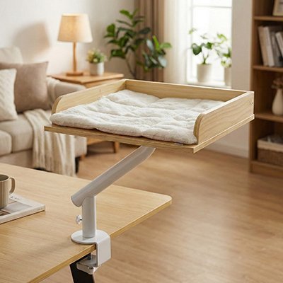 lit de bureau chat bois naturel coussin blanc