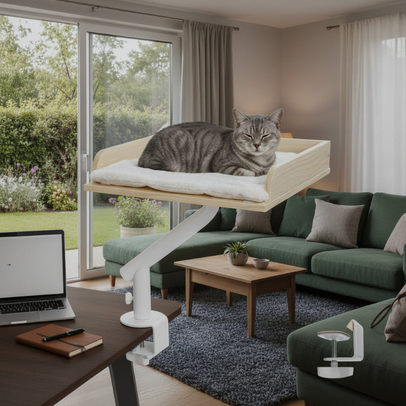 lit de bureau chat finition bois naturel coussin blanc chat endormi