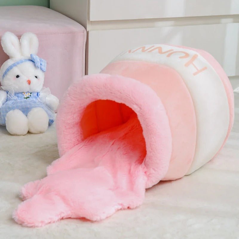 lit-niche pour chat design pot de miel rose et blanc