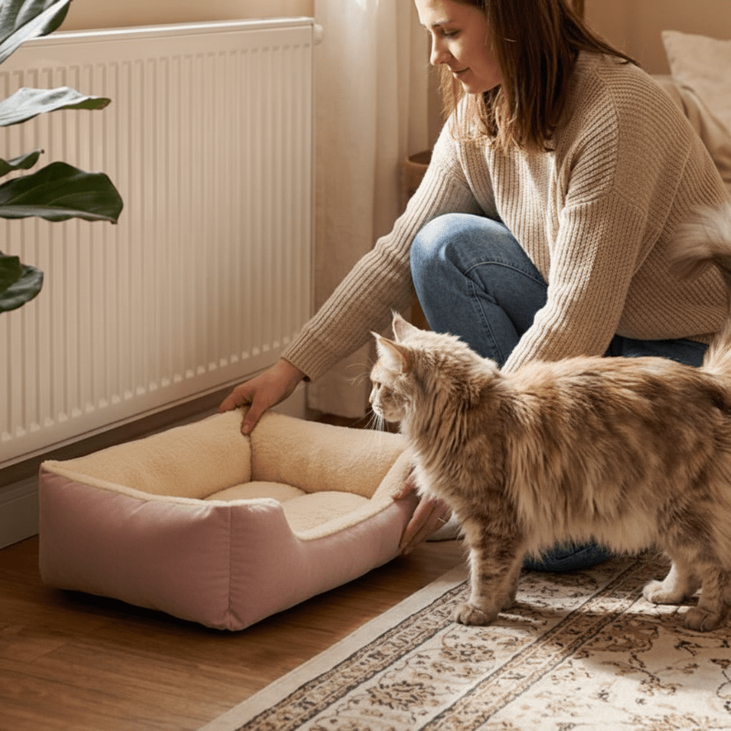 lit pour chat maitre installe lit chat attend