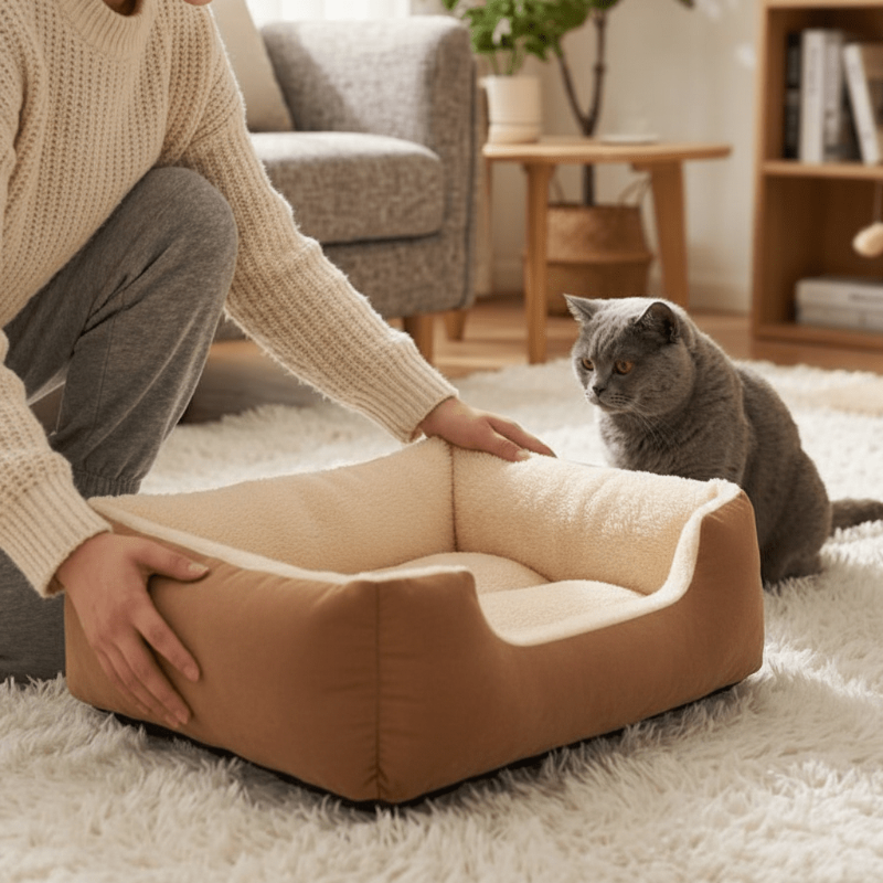 lit pour chat maitre presente lit chat attend