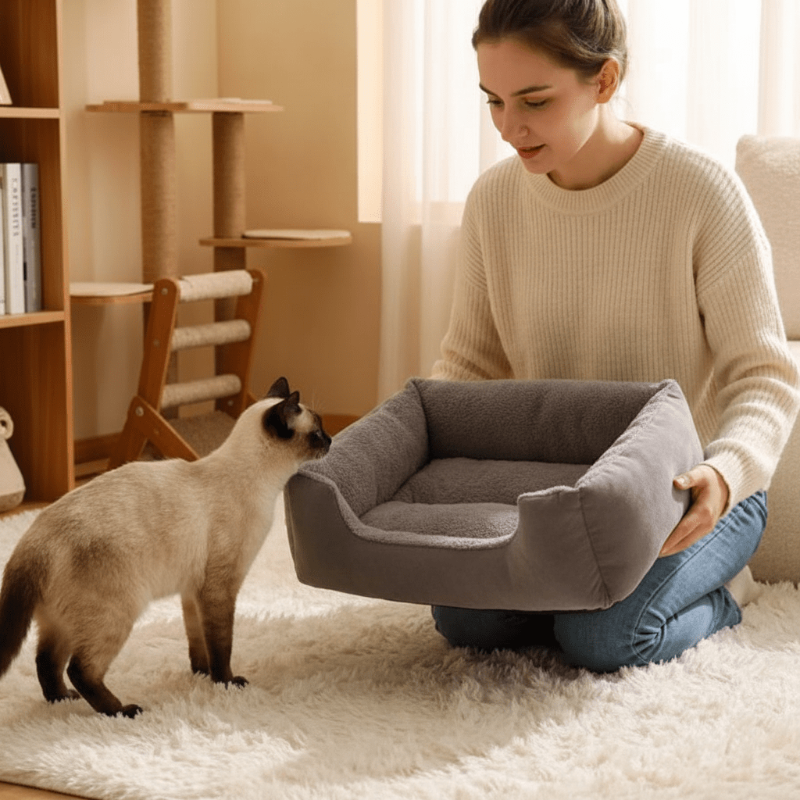 lit pour chat maitre tenant lit chat attend impatient