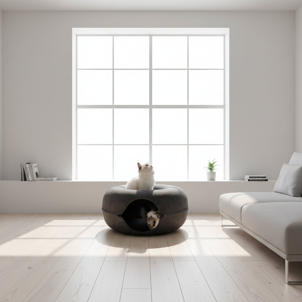 lit tunnel chat rond chat couche interieur et chat assis dessus 