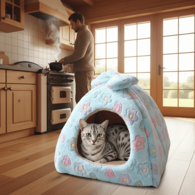 maison pour chat avec fleurs chat maitre dans cuisine