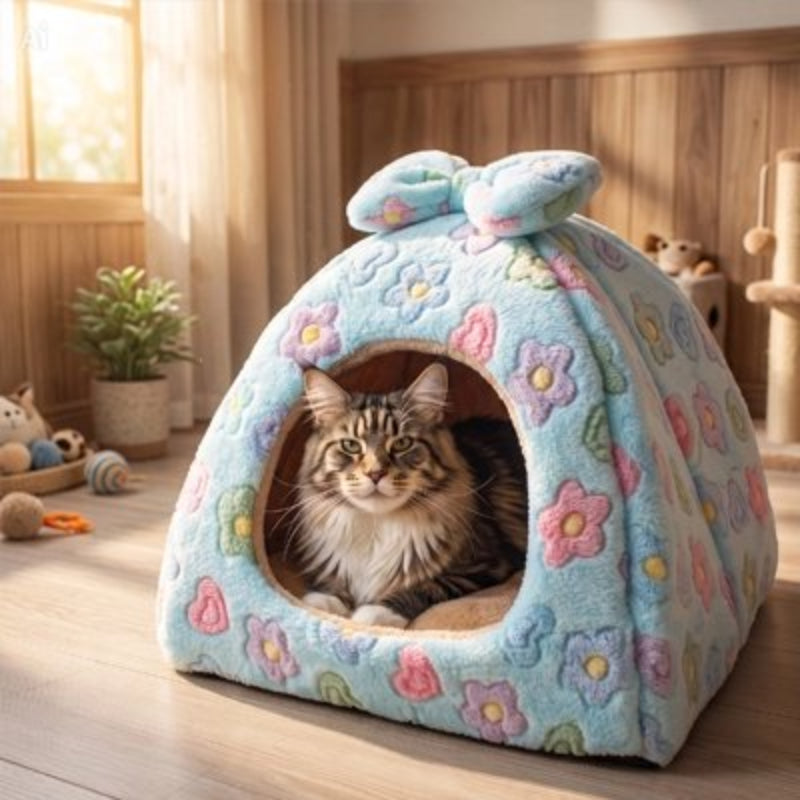 maison pour chat bleu ciel avec fleurs