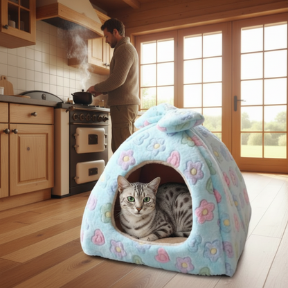 maison pour chat fleurs avec maitre pres cuisiniere