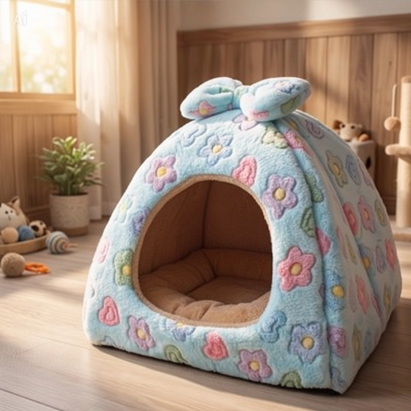 maison pour chat variante bleu ciel avec fleurs
